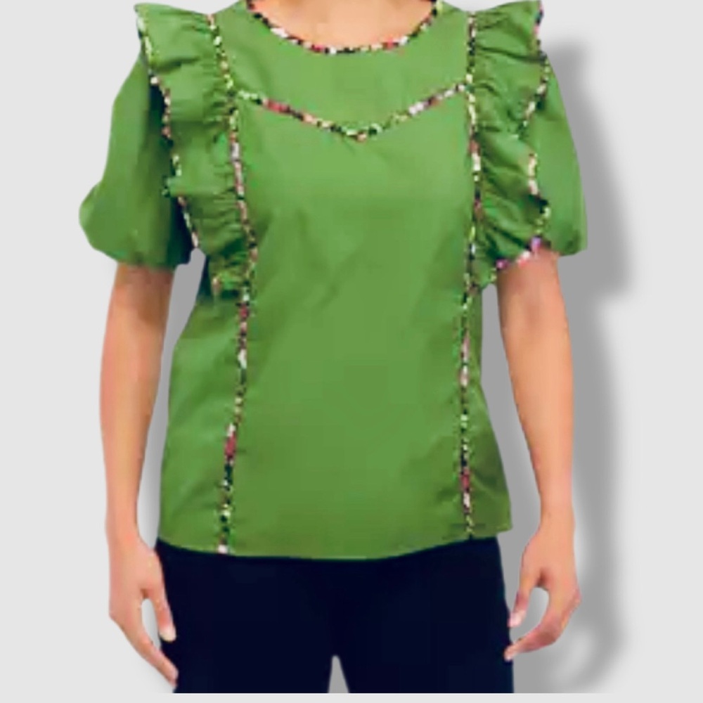 Crown & Ivy™ Women's Green Floral Ruffle Puffed Sleeve Top - Size Medium